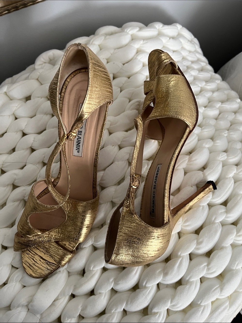 Manolo Blahnik Gold Metallic T-Strap Peep-Toe Heels